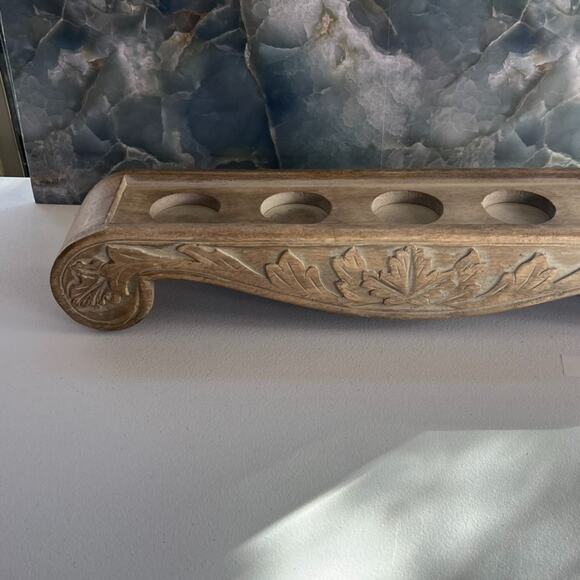 Hand-Carved Distressed Wood Candle Holder Tea Light Fits 5 Candles - Picture 7 of 15